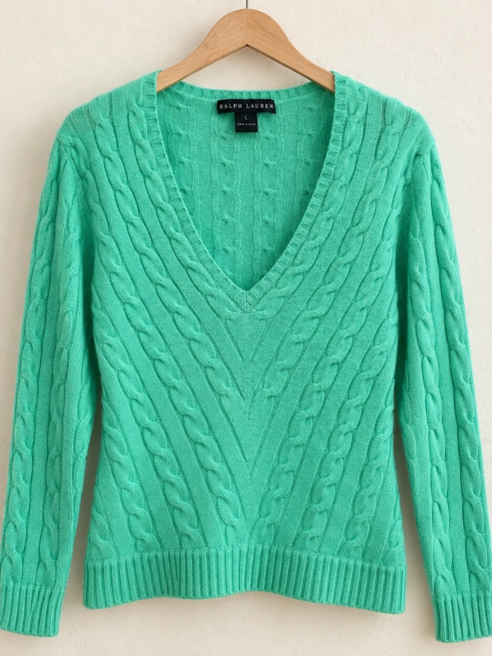 Ralph Lauren 100% Cashmere Cable Knit V-Neck Sweater Mint Green L